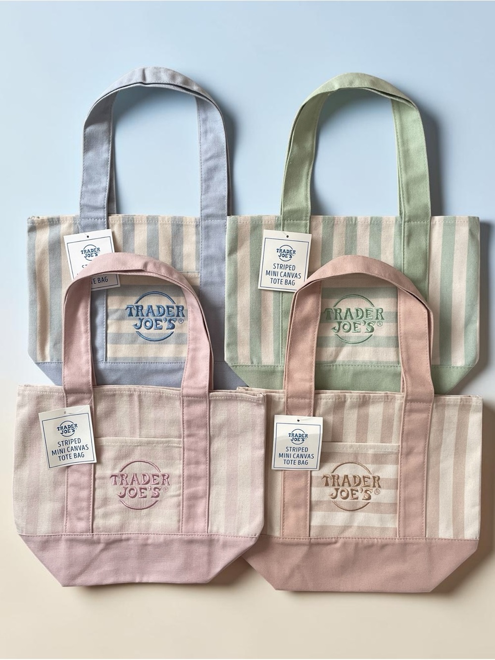 Trader Joe's Striped Pastel Mini Canvas Tote Bag SET of 4 NWT